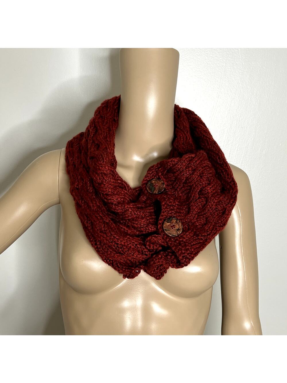 Hand Crafted Maroon Knit Button Infinity Scarf